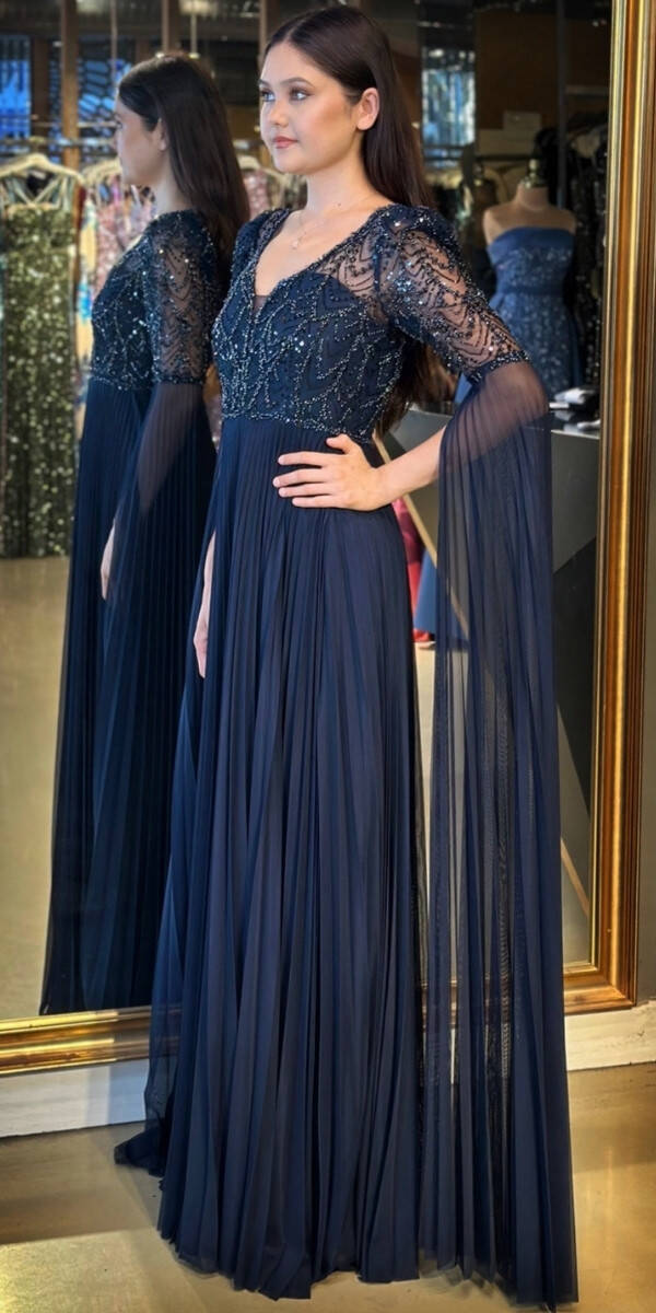 Lacivert Kısa Kollu Tül Detaylı V Yaka Düz Kesim Tül Uzun Abiye Elbise 7761 - 2