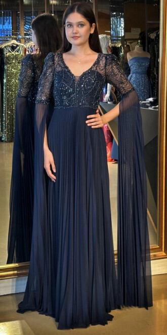 Lacivert Kısa Kollu Tül Detaylı V Yaka Düz Kesim Tül Uzun Abiye Elbise 7761 - 1