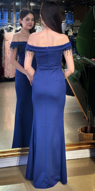 Lacivert Madonna Yaka Boncuk İşlemeli Düz Kesim Krep Uzun Abiye Elbise 11011-03 - 5