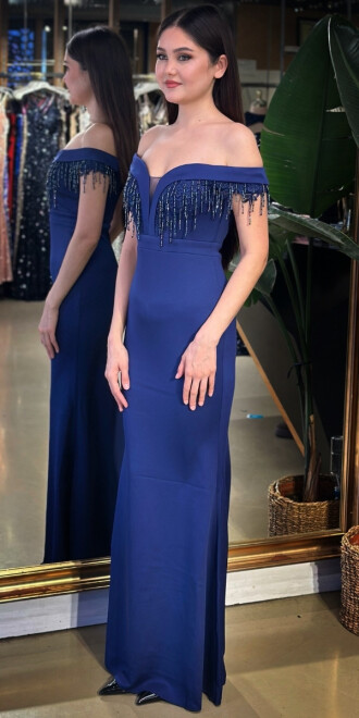 Lacivert Madonna Yaka Boncuk İşlemeli Düz Kesim Krep Uzun Abiye Elbise 11011-03 - 2