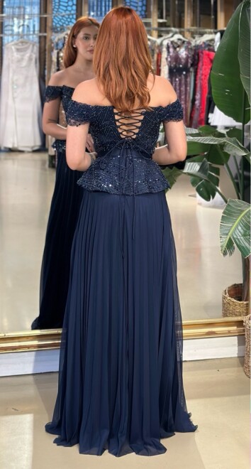 Lacivert Madonna Yaka Düşük Kollu Boncuk İşlemeli Kloş Likralı Şifon Uzun Abiye Elbise 11211-02 - 5