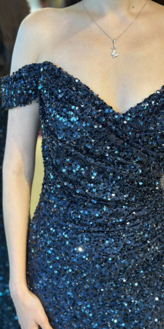 Lacivert Madonna Yaka Düz Kesim Payet Uzun Abiye Elbise 11085 - 4