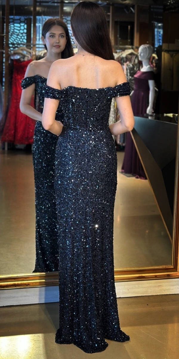 Lacivert Madonna Yaka Düz Kesim Payet Uzun Abiye Elbise 11085 - 5