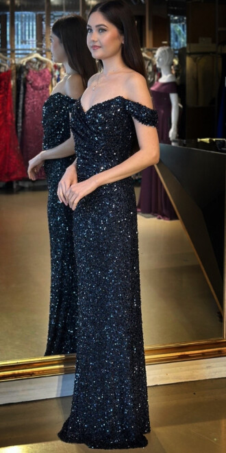 Lacivert Madonna Yaka Düz Kesim Payet Uzun Abiye Elbise 11085 - 2