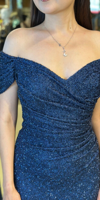 Lacivert Madonna Yaka Düz Kesim Pullu Boncuklu Uzun Abiye Elbise 11023 - 4