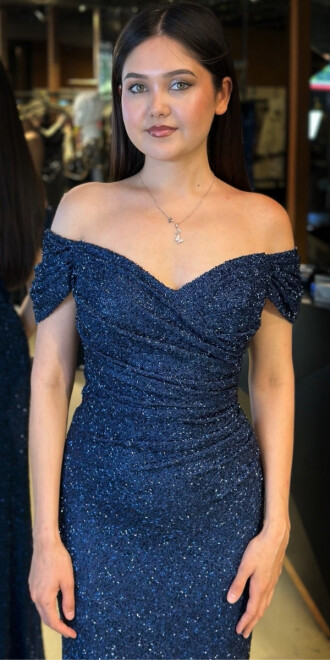 Lacivert Madonna Yaka Düz Kesim Pullu Boncuklu Uzun Abiye Elbise 11023 - 3