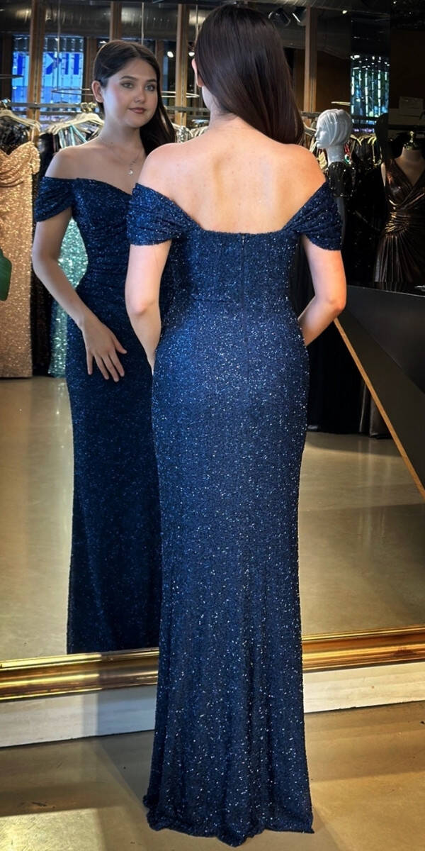 Lacivert Madonna Yaka Düz Kesim Pullu Boncuklu Uzun Abiye Elbise 11023 - 5