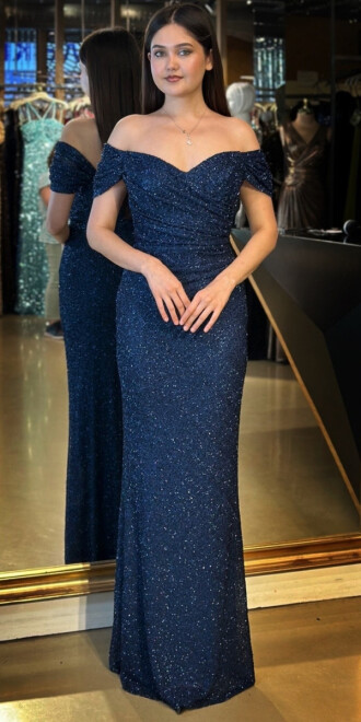 Lacivert Madonna Yaka Düz Kesim Pullu Boncuklu Uzun Abiye Elbise 11023 