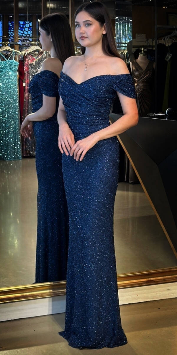 Lacivert Madonna Yaka Düz Kesim Pullu Boncuklu Uzun Abiye Elbise 11023 - 2