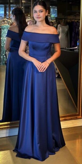 Lacivert Madonna Yaka Kloş Etekli Saten Uzun Abiye Elbise 11067 