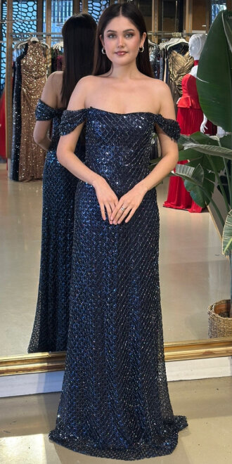 Lacivert Madonna Yaka Sırt Dekolteli Düz Kesim Pullu Boncuklu Uzun Abiye Elbise 11180-01 - abiyeniall