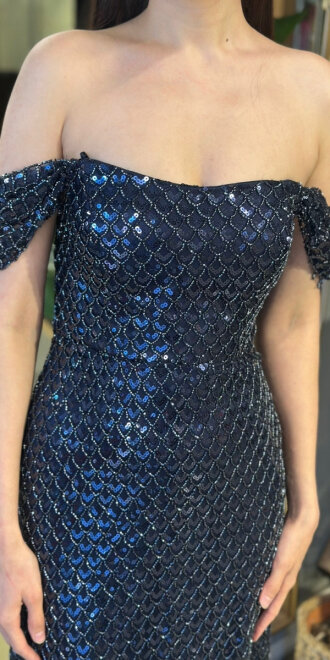 Lacivert Madonna Yaka Sırt Dekolteli Düz Kesim Pullu Boncuklu Uzun Abiye Elbise 11180-01 - 4