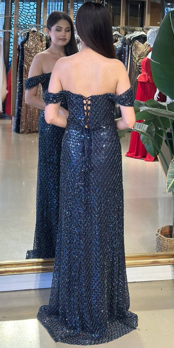 Lacivert Madonna Yaka Sırt Dekolteli Düz Kesim Pullu Boncuklu Uzun Abiye Elbise 11180-01 - 5