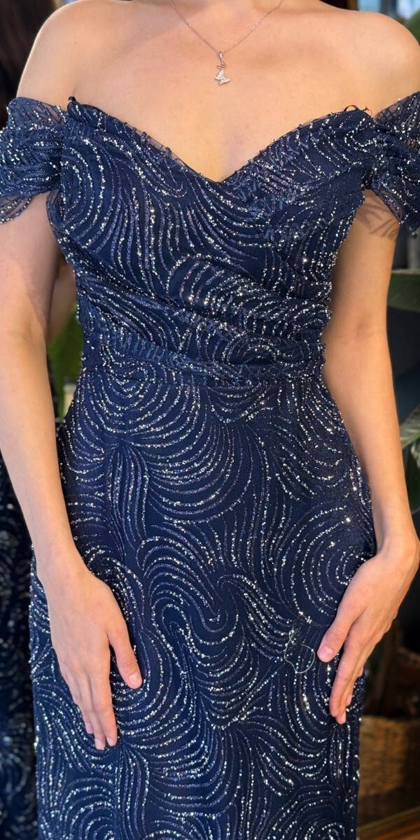 Lacivert Madonna Yaka Sırt Dekolteli Düz Kesim Simli Uzun Abiye Elbise 11113-04 - 4