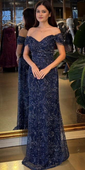 Lacivert Madonna Yaka Sırt Dekolteli Düz Kesim Simli Uzun Abiye Elbise 11113-04 