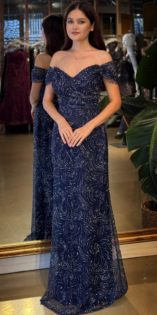 Lacivert Madonna Yaka Sırt Dekolteli Düz Kesim Simli Uzun Abiye Elbise 11113-04 - 1