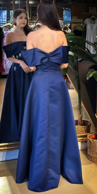 Lacivert Madonna Yaka Taş Detaylı Kloş Etekli Saten Uzun Abiye Elbise 11063-05 - 5