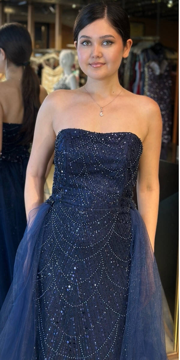 Lacivert Straplez Yaka Tül Pelerin Etekli Pullu Boncuklu Uzun Abiye Elbise 7705 - 3