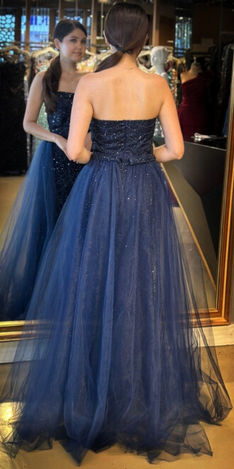 Lacivert Straplez Yaka Tül Pelerin Etekli Pullu Boncuklu Uzun Abiye Elbise 7705 - 5