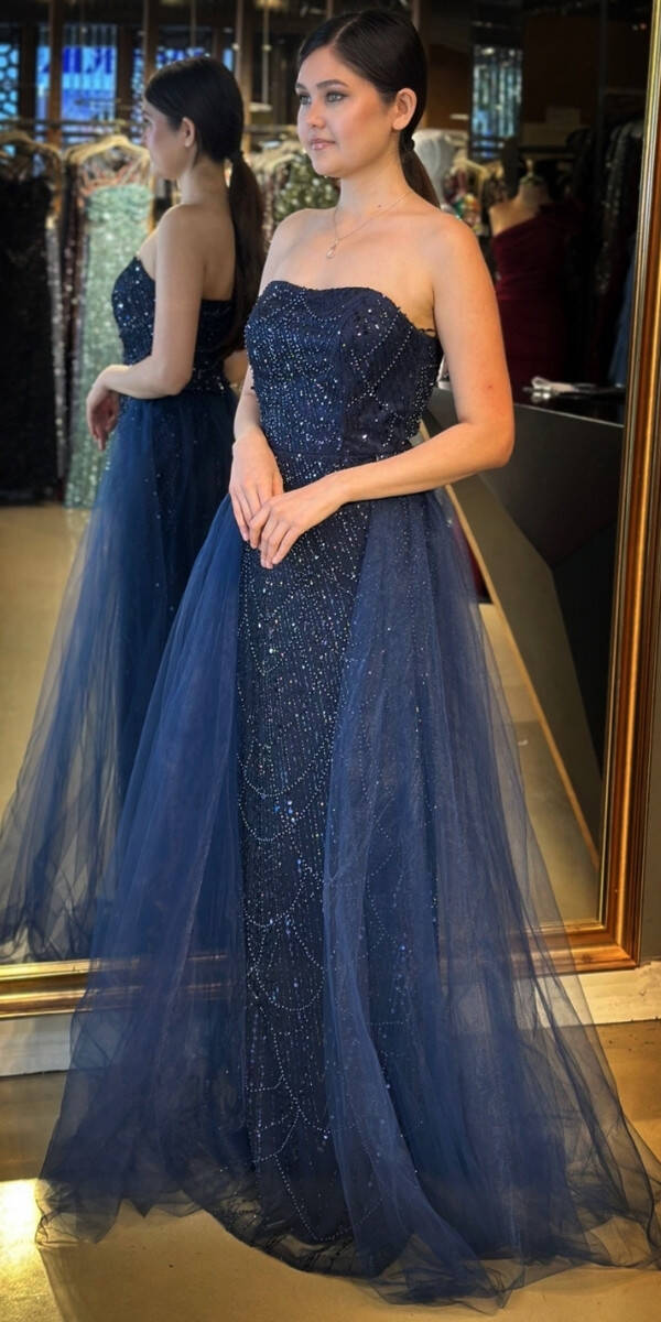 Lacivert Straplez Yaka Tül Pelerin Etekli Pullu Boncuklu Uzun Abiye Elbise 7705 - 2