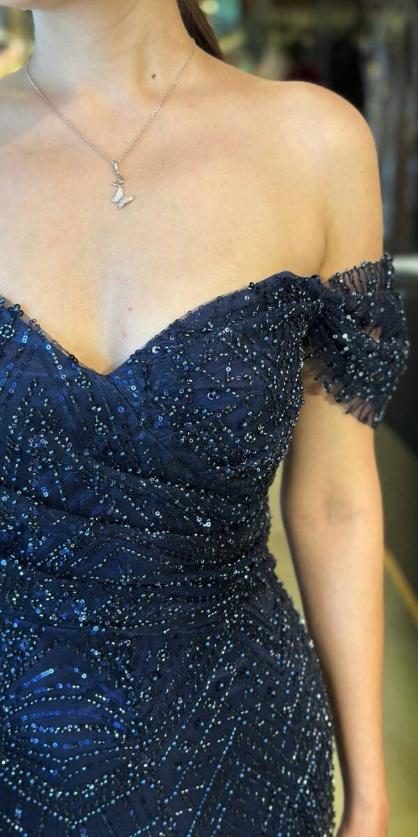 Lacivert Sırt Dekolteli Düz Kesim Pullu Boncuklu Uzun Abiye Elbise 11044 - 4