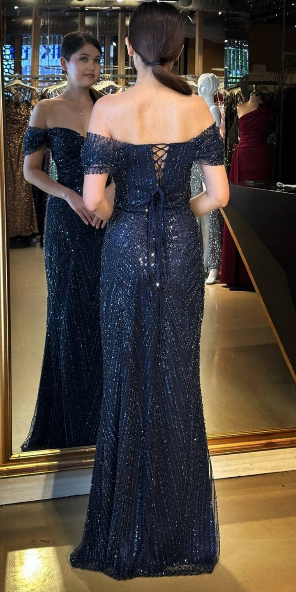 Lacivert Sırt Dekolteli Düz Kesim Pullu Boncuklu Uzun Abiye Elbise 11044 - 5