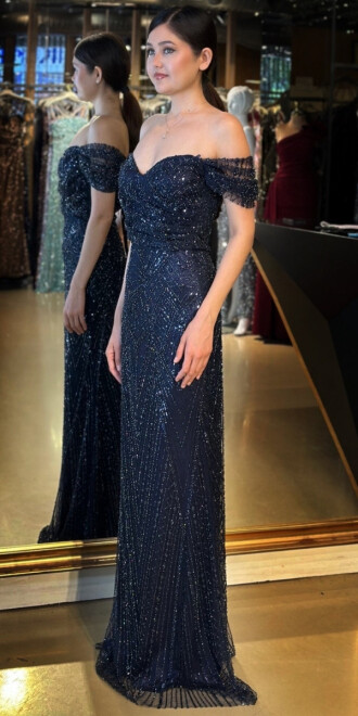 Lacivert Sırt Dekolteli Düz Kesim Pullu Boncuklu Uzun Abiye Elbise 11044 - 2