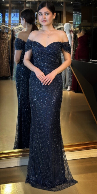 Lacivert Sırt Dekolteli Düz Kesim Pullu Boncuklu Uzun Abiye Elbise 11044 