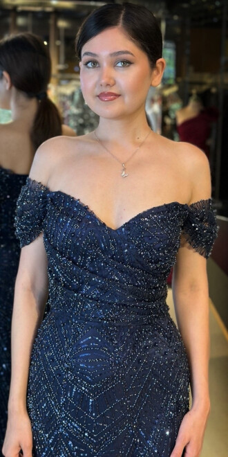 Lacivert Sırt Dekolteli Düz Kesim Pullu Boncuklu Uzun Abiye Elbise 11044 - 3