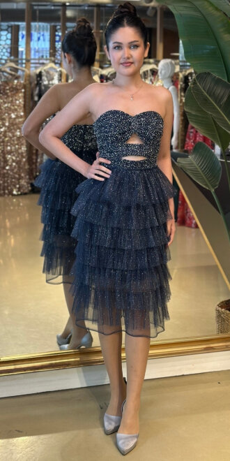 Lacivert Starplez Bel Dekolteli Kısa Abiye Elbise 7709 - abiyeniall