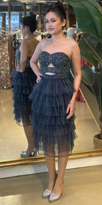 Lacivert Starplez Bel Dekolteli Kısa Abiye Elbise 7709 - 2