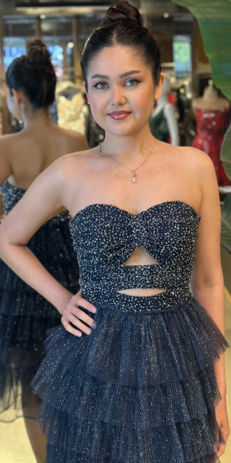 Lacivert Starplez Bel Dekolteli Kısa Abiye Elbise 7709 - 3