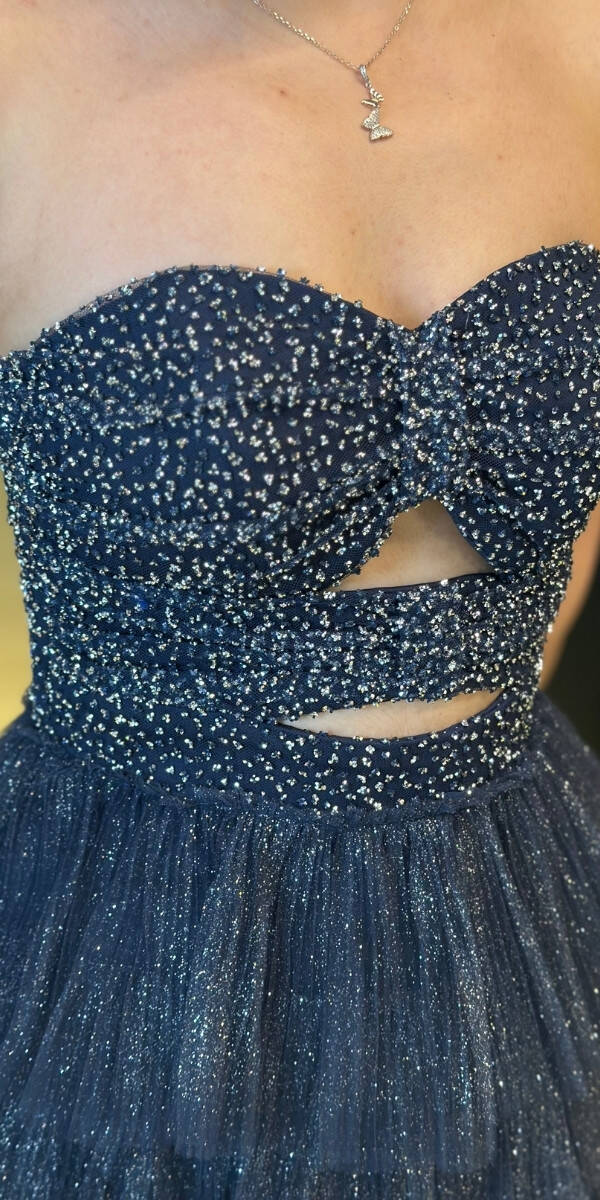 Lacivert Starplez Bel Dekolteli Kısa Abiye Elbise 7709 - 4