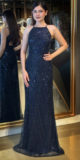 Lacivert Stefanel Yaka Sırt Dekolteli Düz Kesim Pullu Boncuklu Uzun Abiye Elbise 7712 