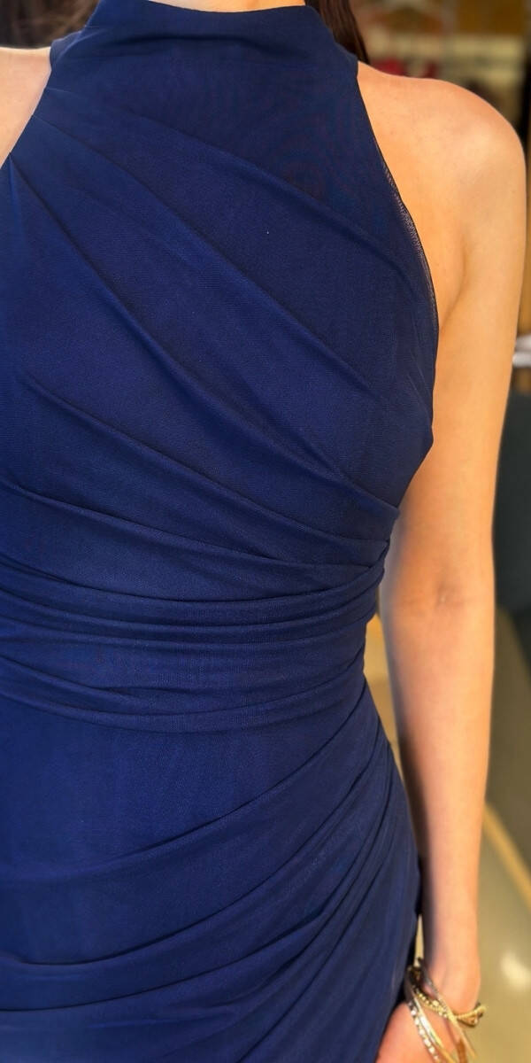 Lacivert Halter Yaka Yırtmaçlı Düz Kesim Likralı Tül Uzun Abiye Elbise 11084-09 - 4