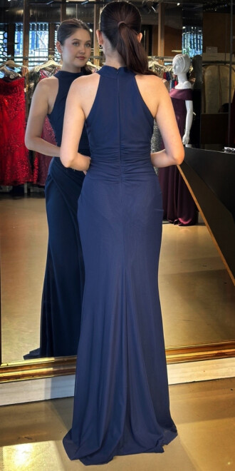 Lacivert Halter Yaka Yırtmaçlı Düz Kesim Likralı Tül Uzun Abiye Elbise 11084-09 - 5