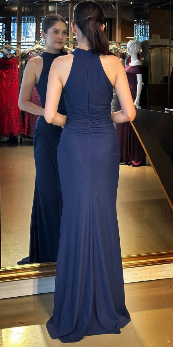 Lacivert Halter Yaka Yırtmaçlı Düz Kesim Likralı Tül Uzun Abiye Elbise 11084-09 - 5