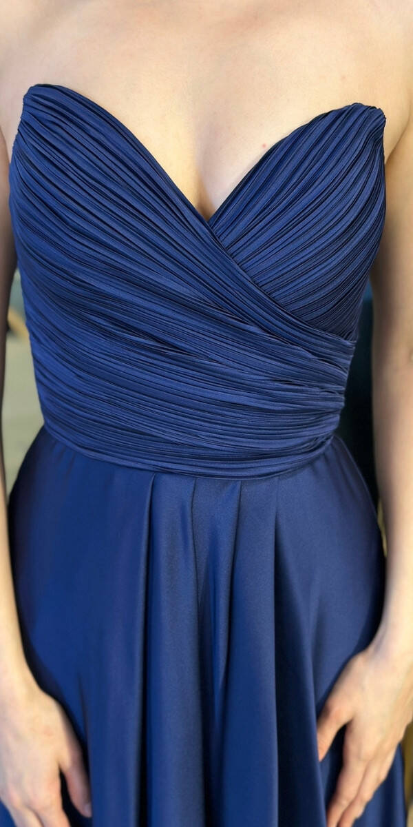 Lacivert Straplez Yaka Anvelop Yırtmaçlı Kloş Etekli Saten Uzun Abiye Elbise 11095-12 - 4