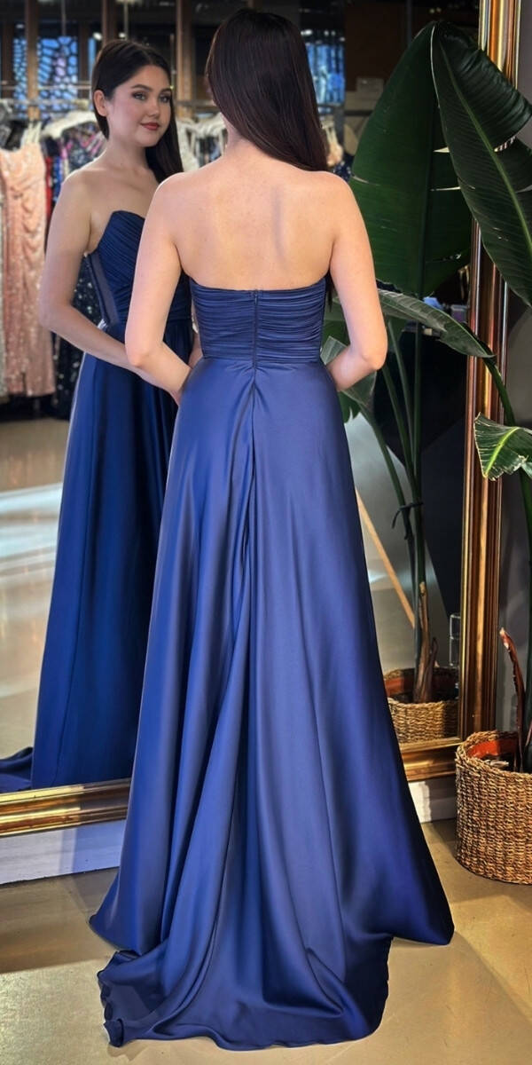 Lacivert Straplez Yaka Anvelop Yırtmaçlı Kloş Etekli Saten Uzun Abiye Elbise 11095-12 - 5