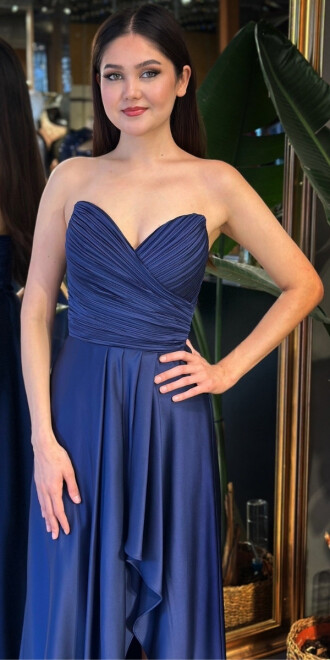 Lacivert Straplez Yaka Anvelop Yırtmaçlı Kloş Etekli Saten Uzun Abiye Elbise 11095-12 - 3