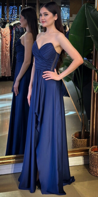 Lacivert Straplez Yaka Anvelop Yırtmaçlı Kloş Etekli Saten Uzun Abiye Elbise 11095-12 - 2