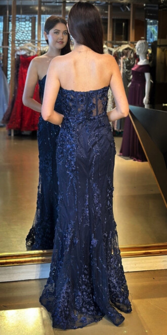 Lacivert Straplez Yaka Bel Dekolteli Düz Kesim Brode Tül Uzun Abiye Elbise 11061 - 5