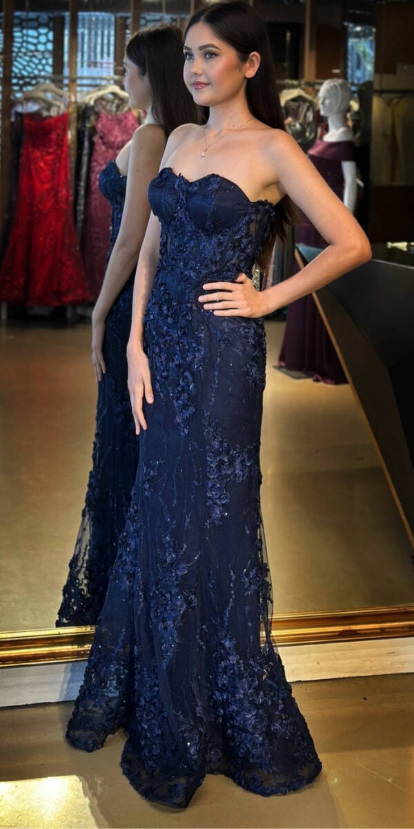 Lacivert Straplez Yaka Bel Dekolteli Düz Kesim Brode Tül Uzun Abiye Elbise 11061 - 2