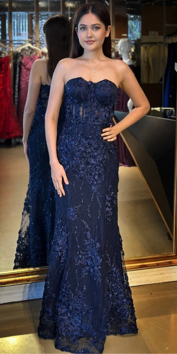 Lacivert Straplez Yaka Bel Dekolteli Düz Kesim Brode Tül Uzun Abiye Elbise 11061 - 1