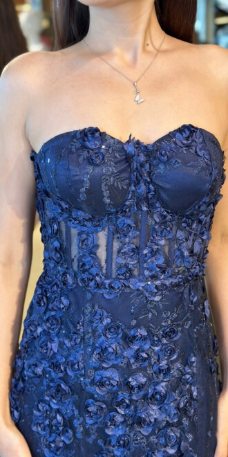 Lacivert Straplez Yaka Bel Dekolteli Düz Kesim Brode Tül Uzun Abiye Elbise 11061 - 4