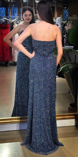 Lacivert Straplez Yaka Bel Dekolteli Düz Kesim Taşlı Uzun Abiye Elbise 11156-03 - 5