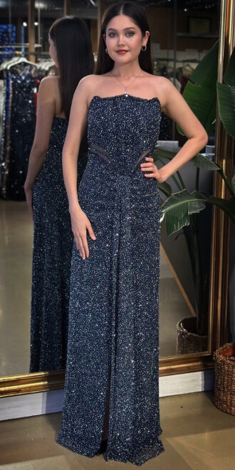 Lacivert Straplez Yaka Bel Dekolteli Düz Kesim Taşlı Uzun Abiye Elbise 11156-03 - abiyeniall