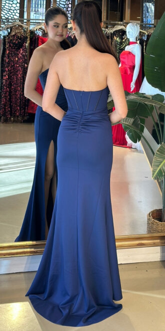 Lacivert Straplez Yaka Bel Dekolteli Yırtmaçlı Balık Etekli Krep Uzun Abiye Elbise 11020-04 - 5