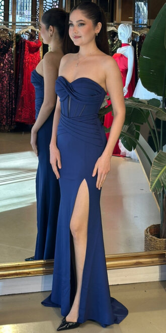 Lacivert Straplez Yaka Bel Dekolteli Yırtmaçlı Balık Etekli Krep Uzun Abiye Elbise 11020-04 - 2