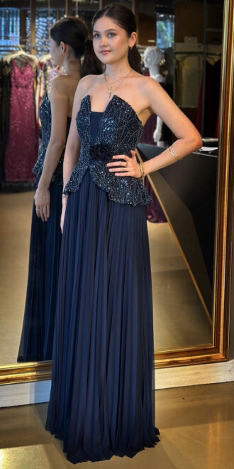 Lacivert Straplez Yaka Çiçek Detaylı Sırt Dekolteli Kloş Etekli Tül Uzun Abiye Elbise 11054 - 2